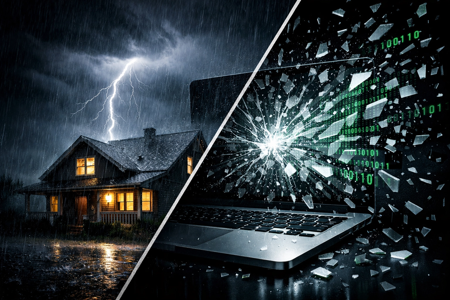 Split image of a storm and a broken screen showing risks in real estate and digital markets.
