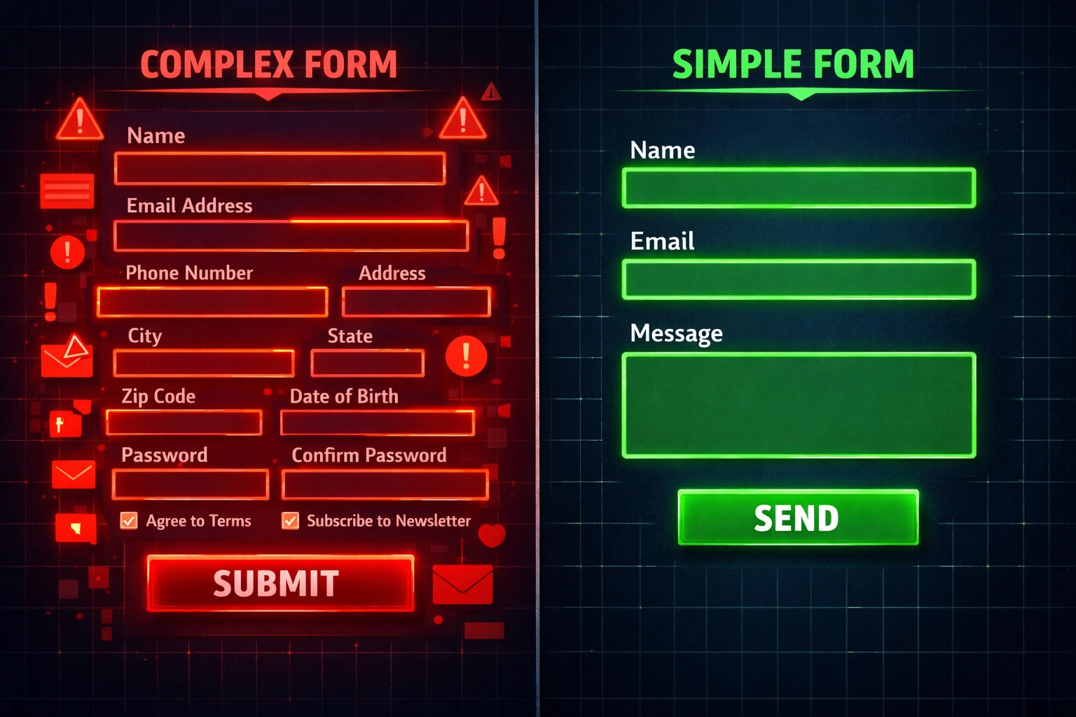 Comparison of cluttered website form with many fields versus simplified 3-field contact form for better conversions