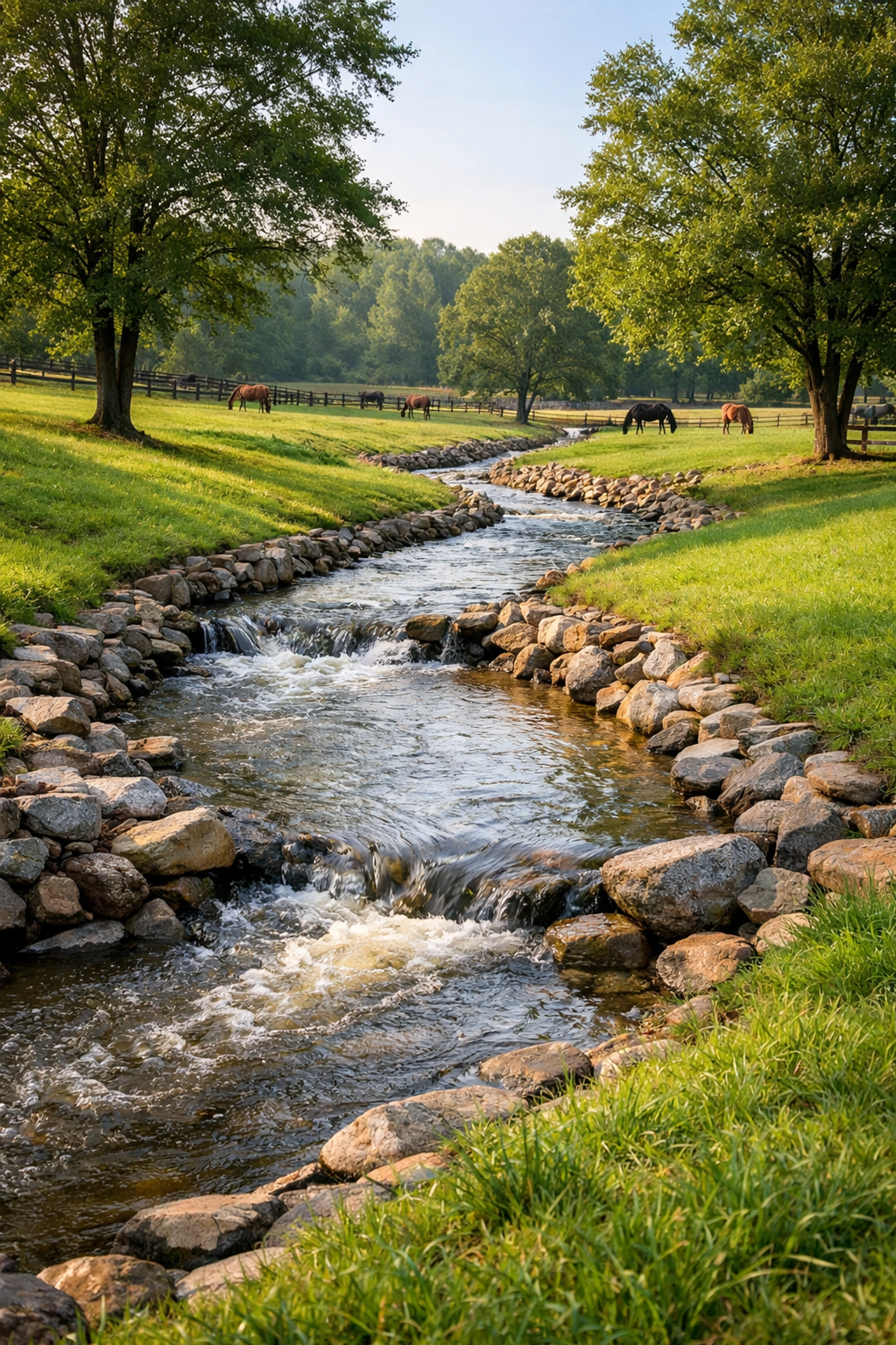 Horse farm with excellent drainage and creek through North Carolina pastures