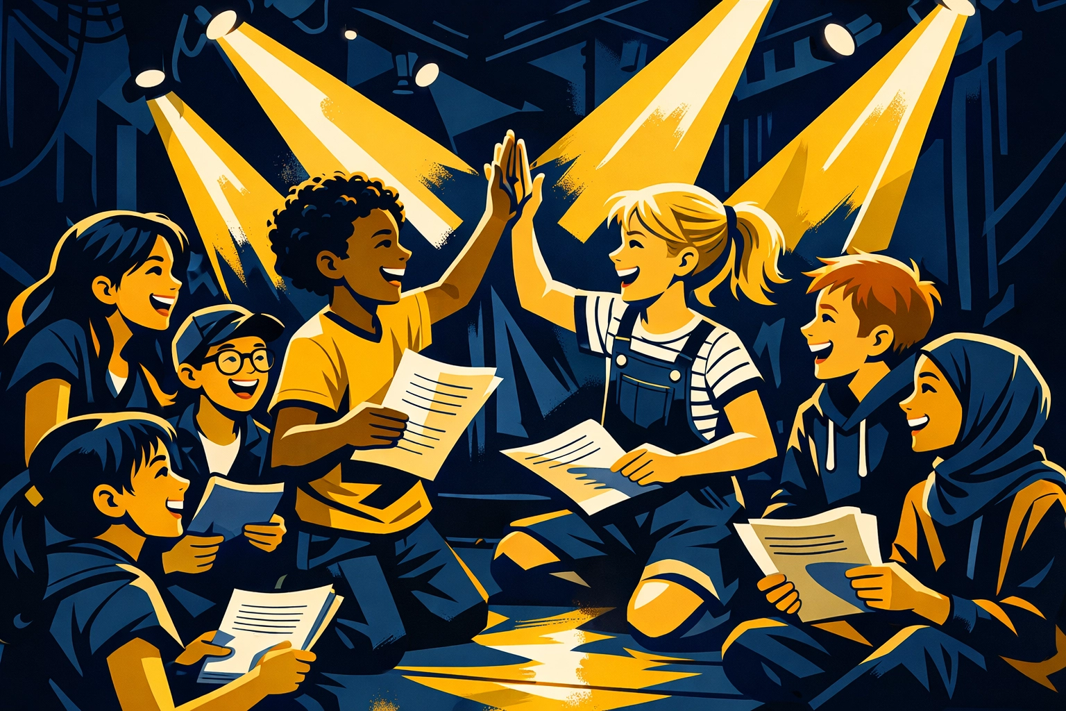 Diverse group of children in musical theatre classes for kids collaborating during a theatre rehearsal.