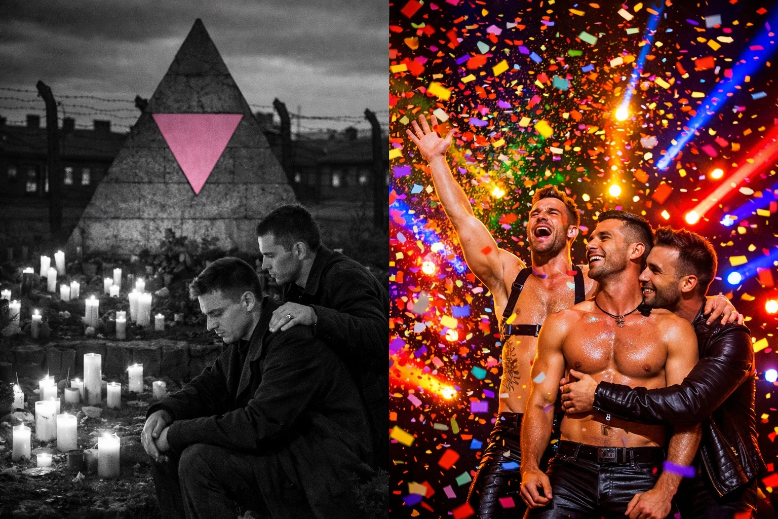 Pink triangle memorial contrasted with rainbow Eurovision celebration showing LGBTQ+ journey from persecution to pride