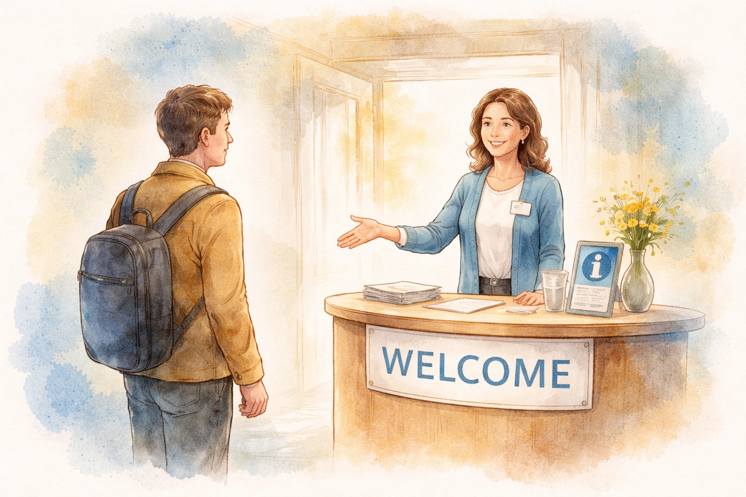 Church welcome center volunteer greeting a hopeful guest, creating a caring church hospitality environment.