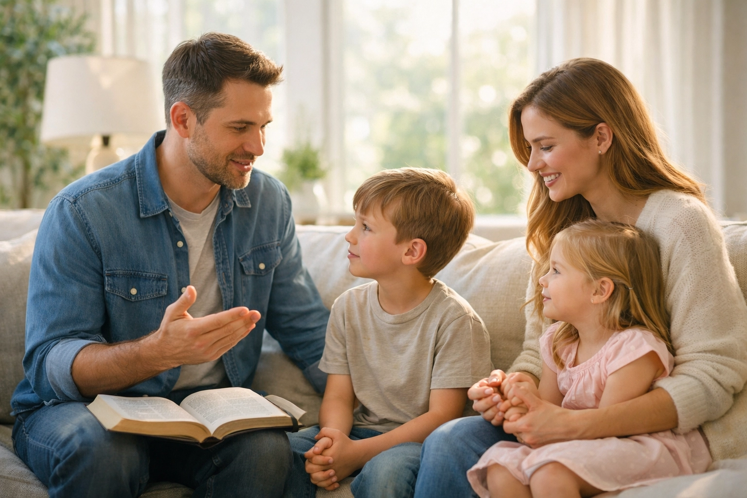 Christian parents talk with children at home, reflecting grace, sanctification, and learning to forgive
