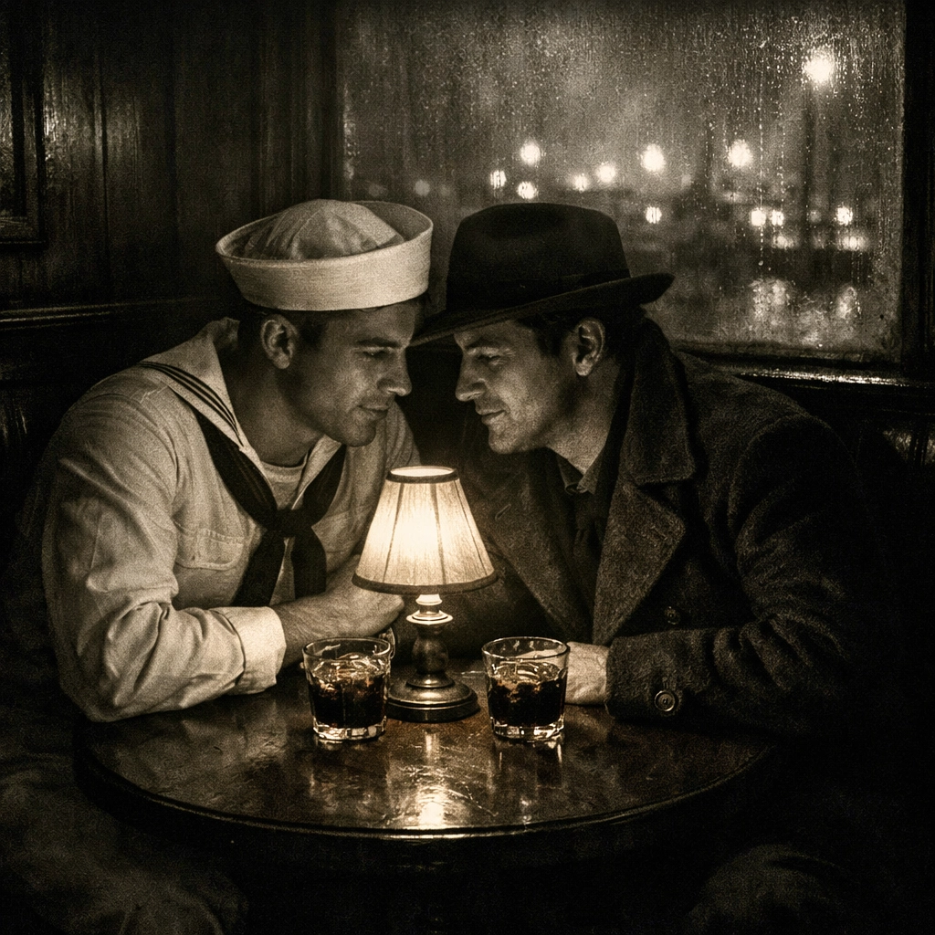 A Navy sailor and local man sharing a drink in a 1940s harbor bar, reflecting classic gay romance tropes.