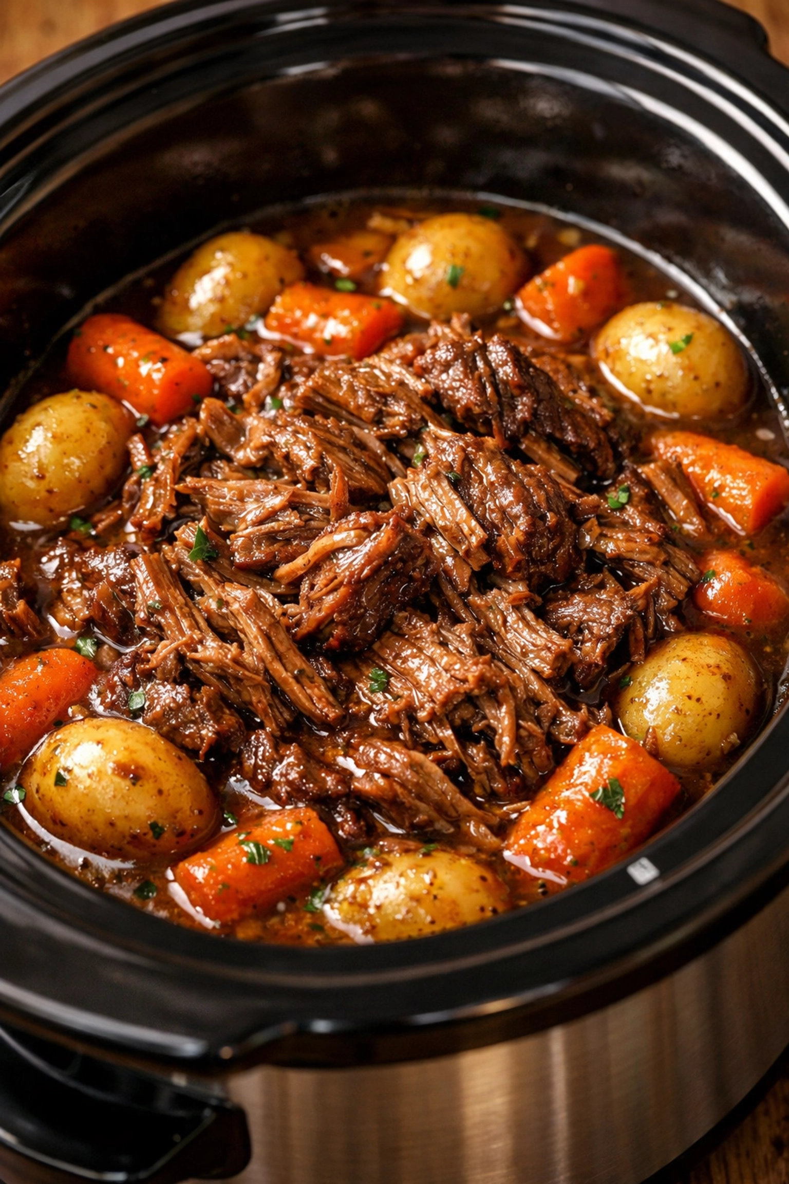 Slow cooker pot roast with tender beef and vegetables, an effortless 5-ingredient dinner for the whole family.