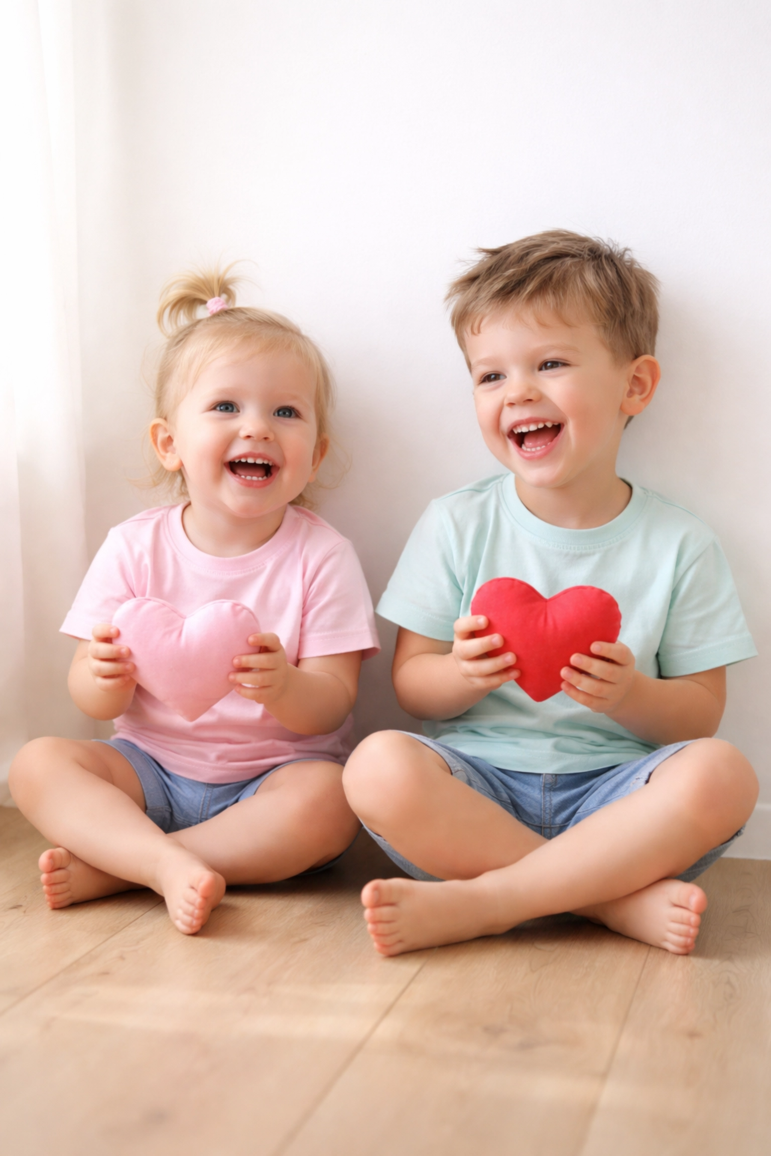 Two children in custom pastel t-shirts holding heart pillows, highlighting kids’ personalized Valentine’s apparel