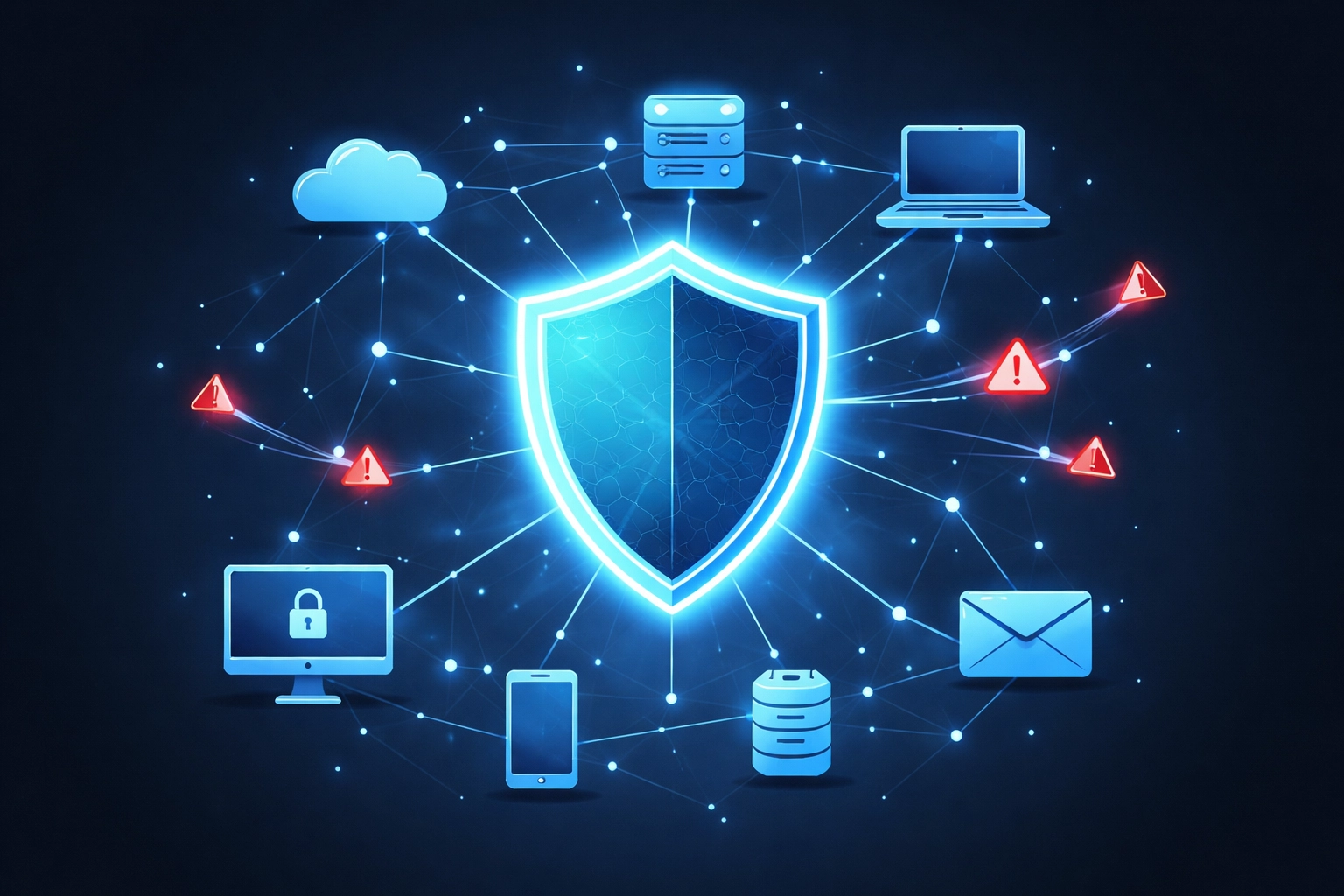 Digital shield protecting network icons, symbolizing cybersecurity in managed IT services in Michigan