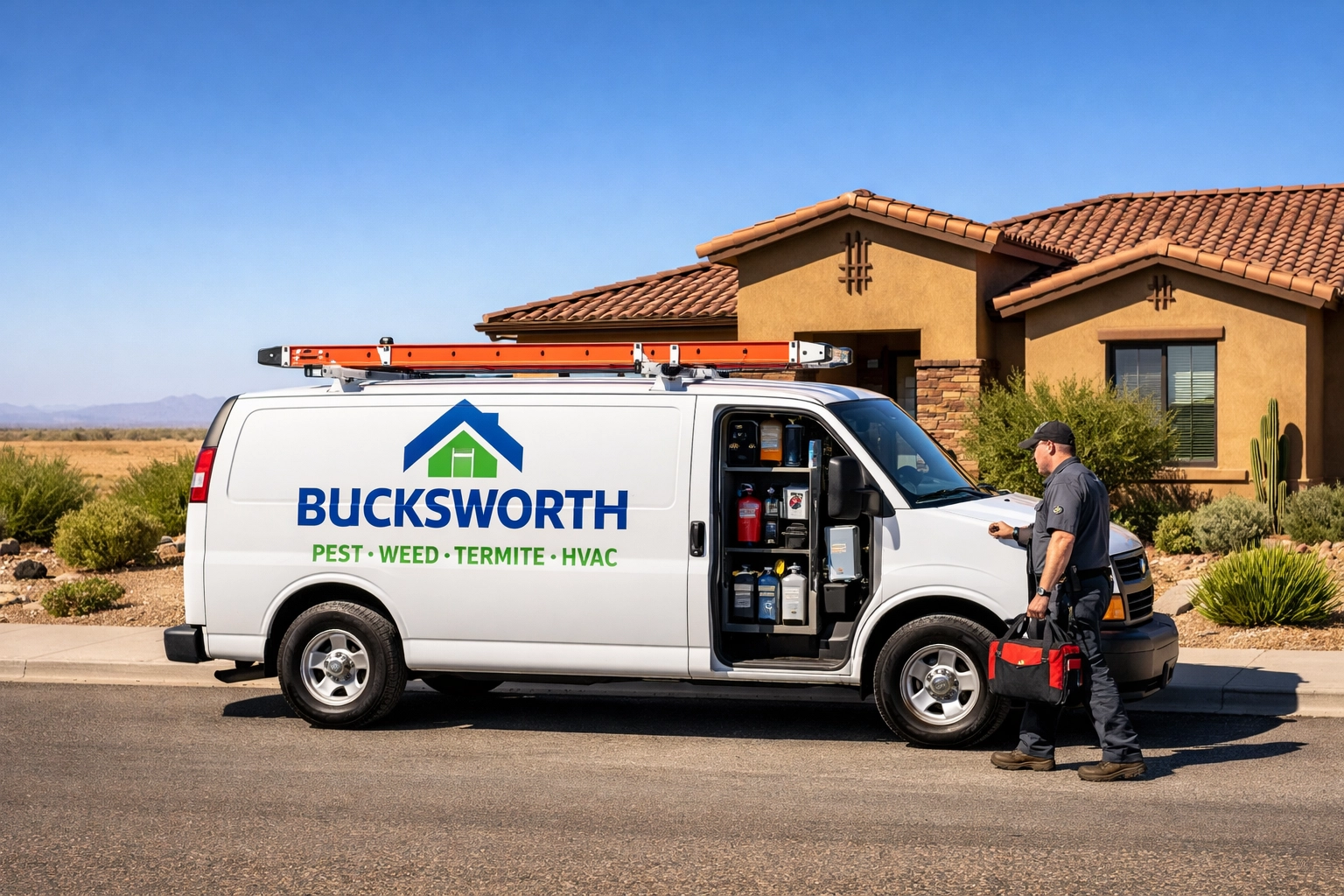 Bucksworth service van at an Eloy home, providing expert AC repair and cooling solutions in Pinal County.