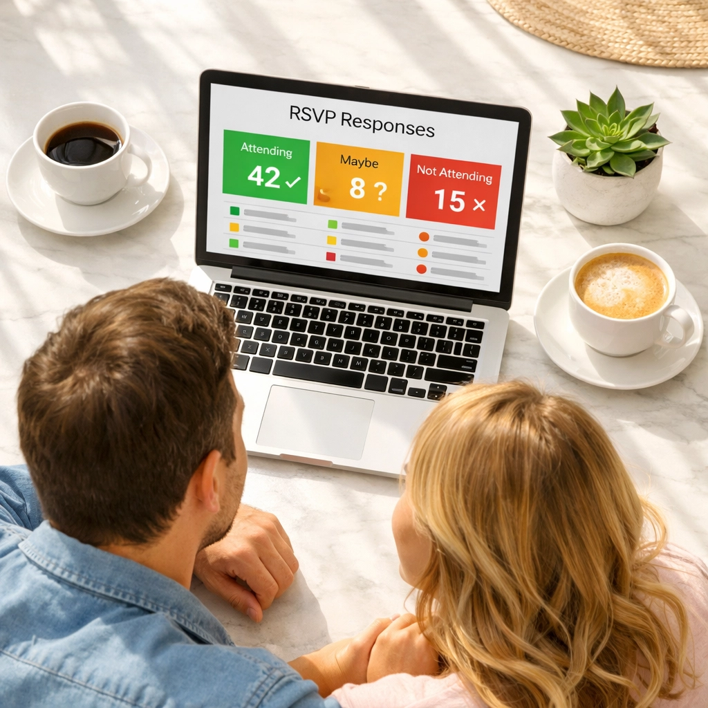 Engaged couple reviewing online wedding RSVPs on laptop during morning coffee at breakfast table