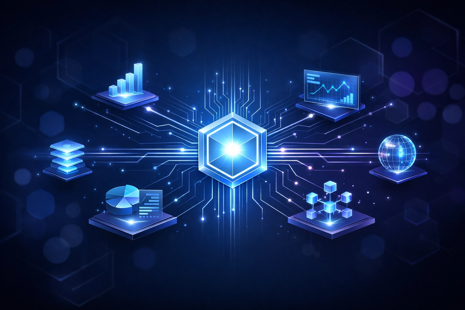 A central glowing core with data lines symbolizing stable WordPress website development and scalable business tech.