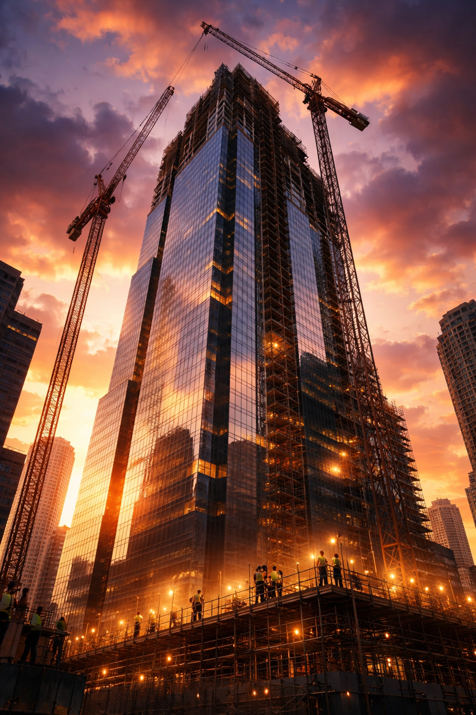 Skyscraper under construction at sunset symbolizing growth and opportunity in private equity and real estate