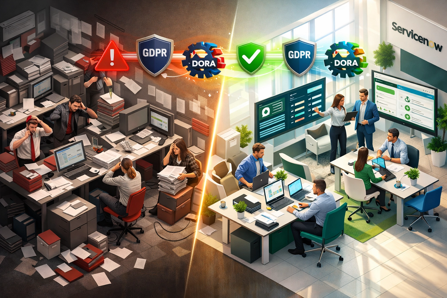 Before and after comparison showing ServiceNow digital transformation with DORA and GDPR compliance