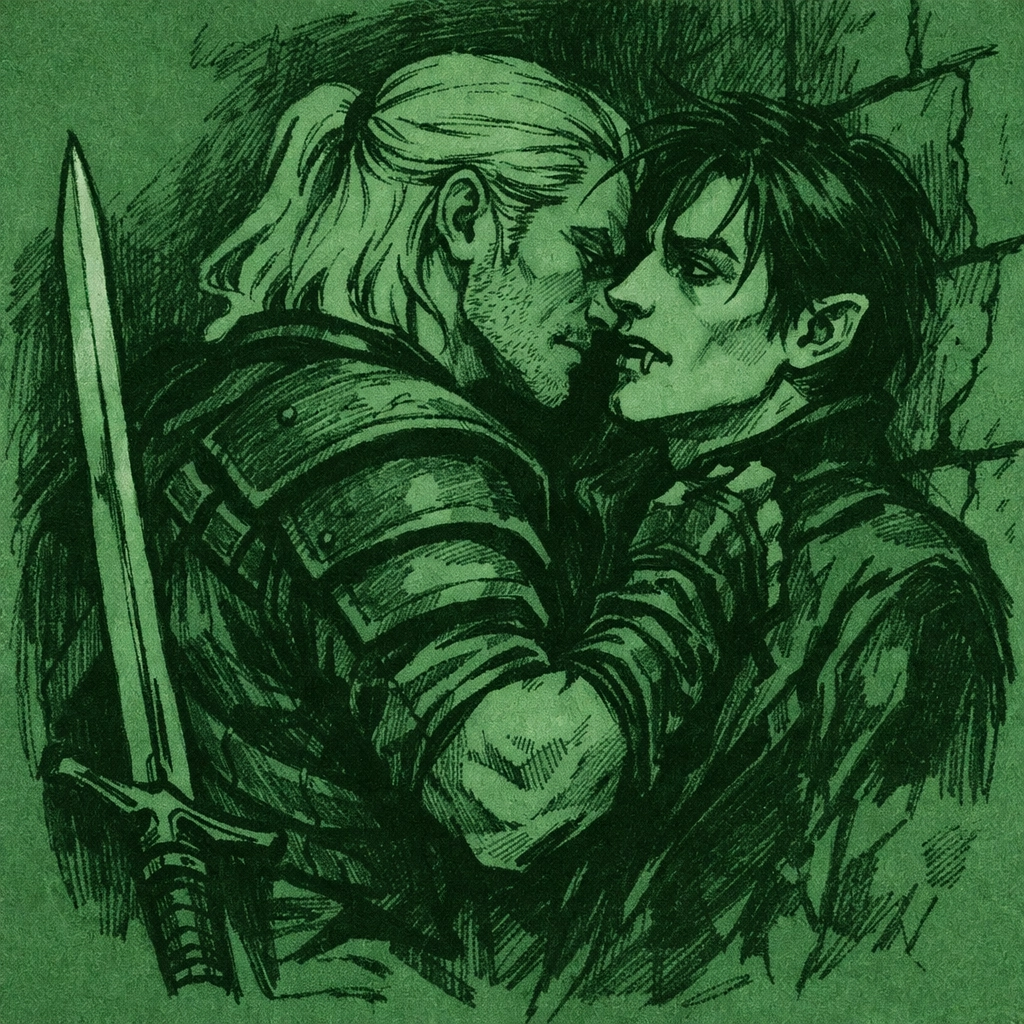 Witcher pressed against vampire during intense combat - gay fantasy romance scene