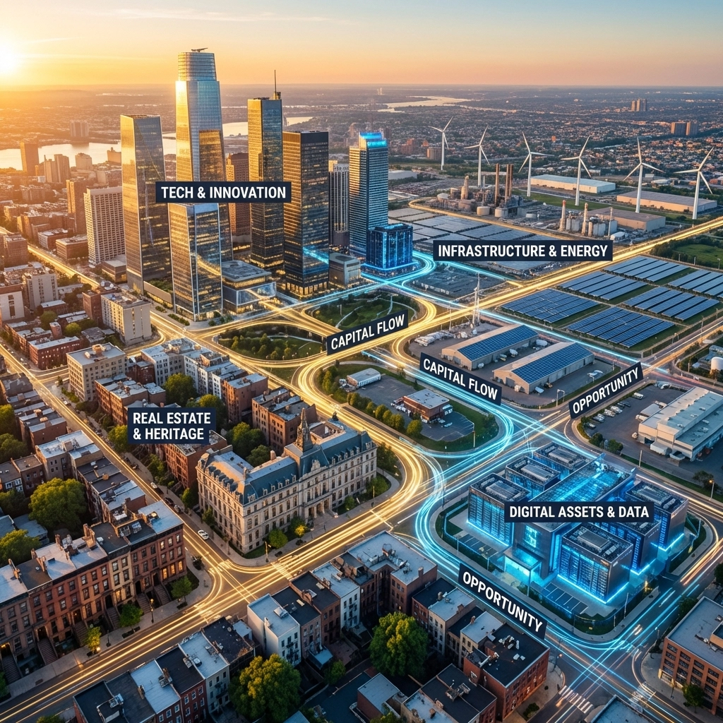 Aerial view of a city blending tech towers, real estate, and digital infrastructure to illustrate diverse portfolio allocation for investors.