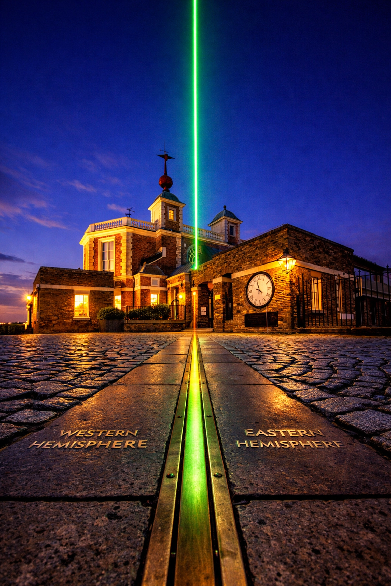 Prime Meridian laser at the Royal Observatory Greenwich, the center of London GMT time zone.
