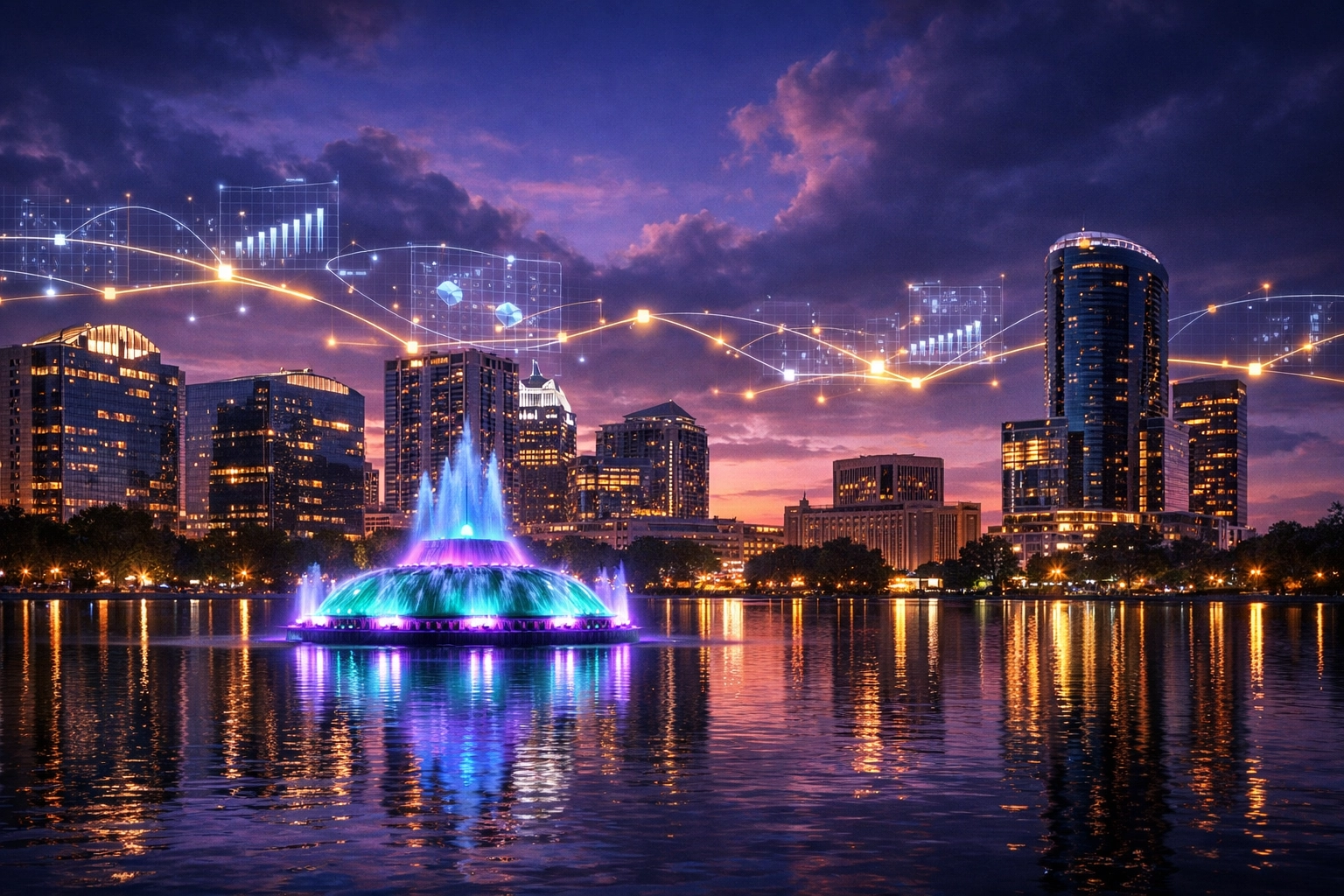 Digital network over Orlando FL skyline symbolizing local SEO authority and AI search readiness.