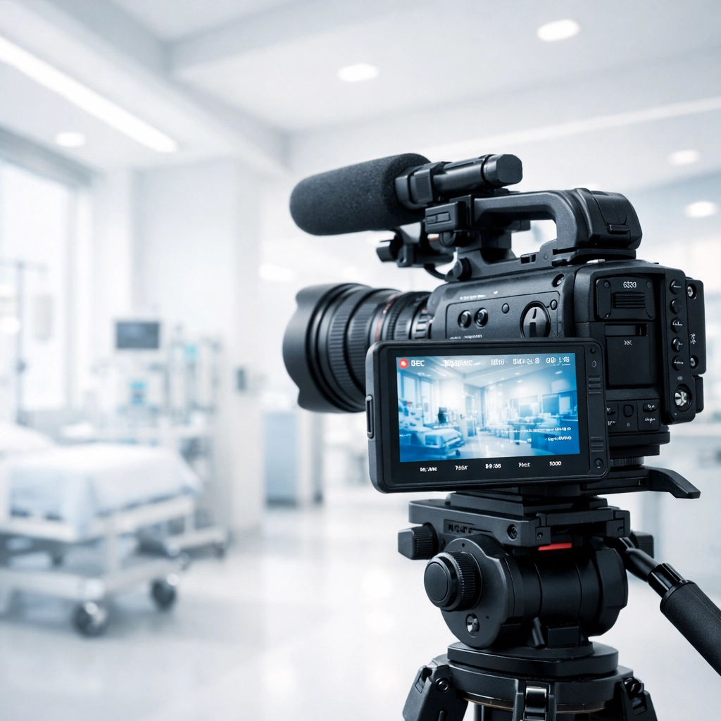 Professional video camera filming healthcare facility tour in modern hospital setting