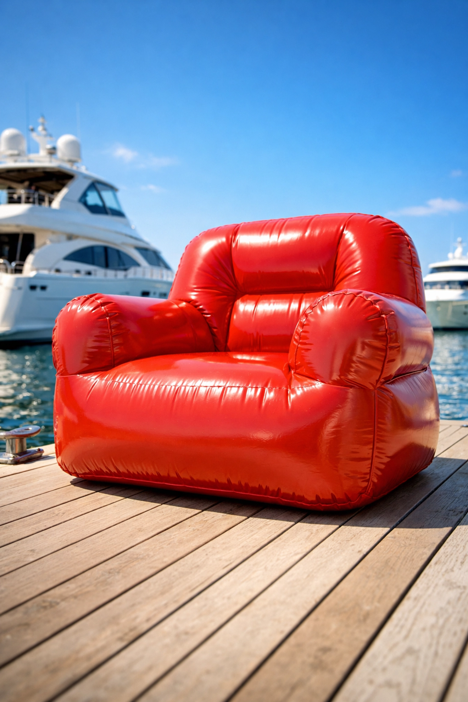 A durable inflatable chair red on a dock at an outdoor boat show event.