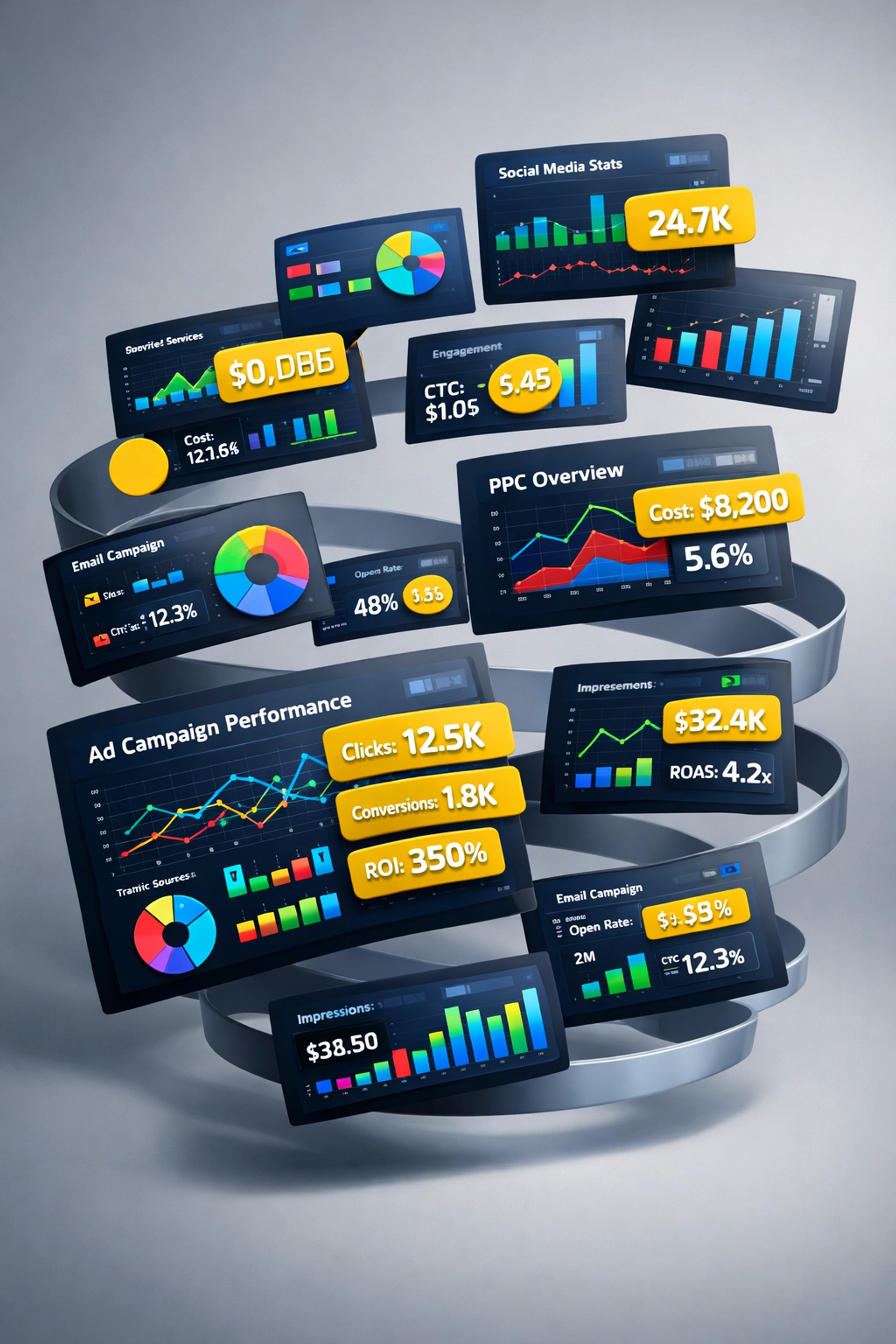 Amazon advertising dashboards showing complex campaign metrics and performance data across multiple channels