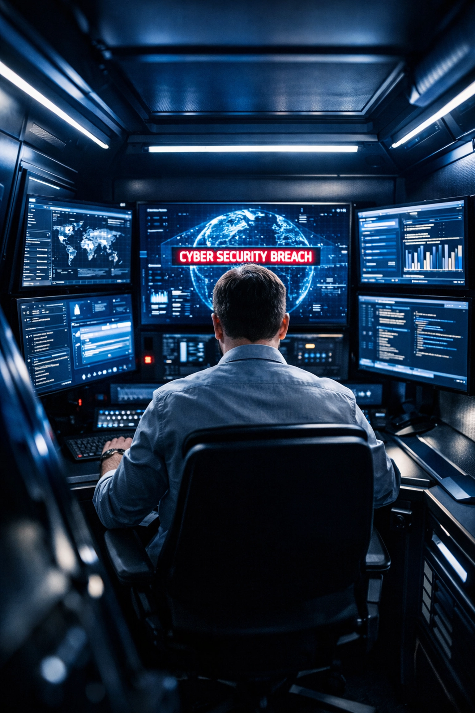 Specialized cybersecurity training pod with high-tech screens for digital defense simulations.