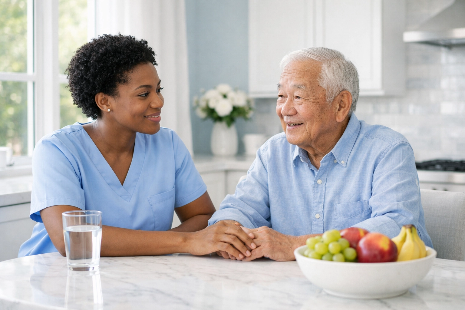 Compassionate caregiver supporting a senior with Medicaid home care services in Virginia.