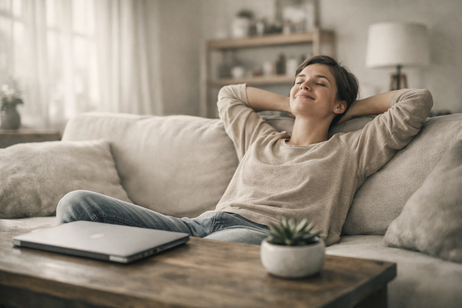 Relieved person on a sofa after securing bad credit loans in Ontario for financial peace.
