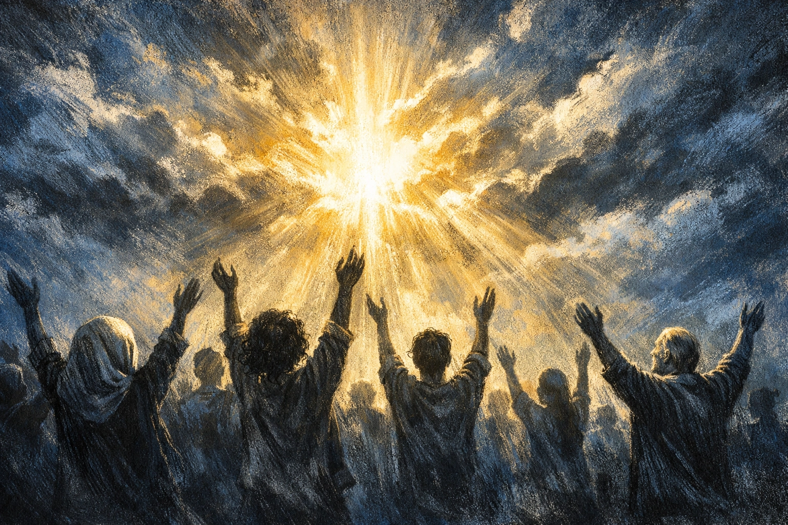 Believers with raised arms worshiping toward heavenly light, anticipating Christ's return and blessed hope