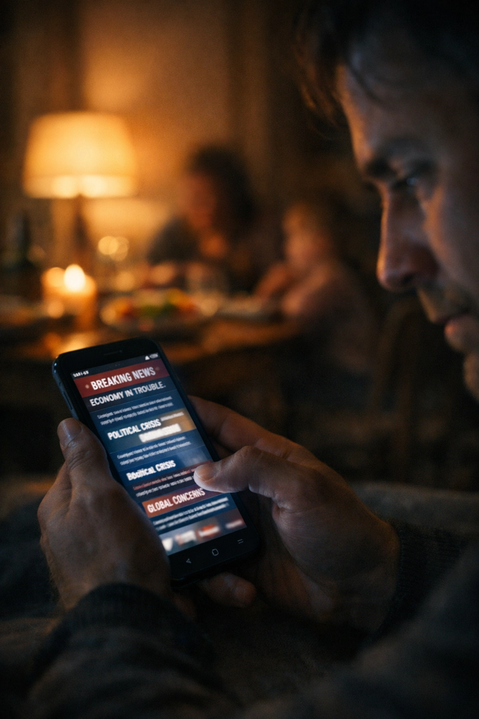 Person doomscrolling news on phone while family dinner waits in background showing isolation