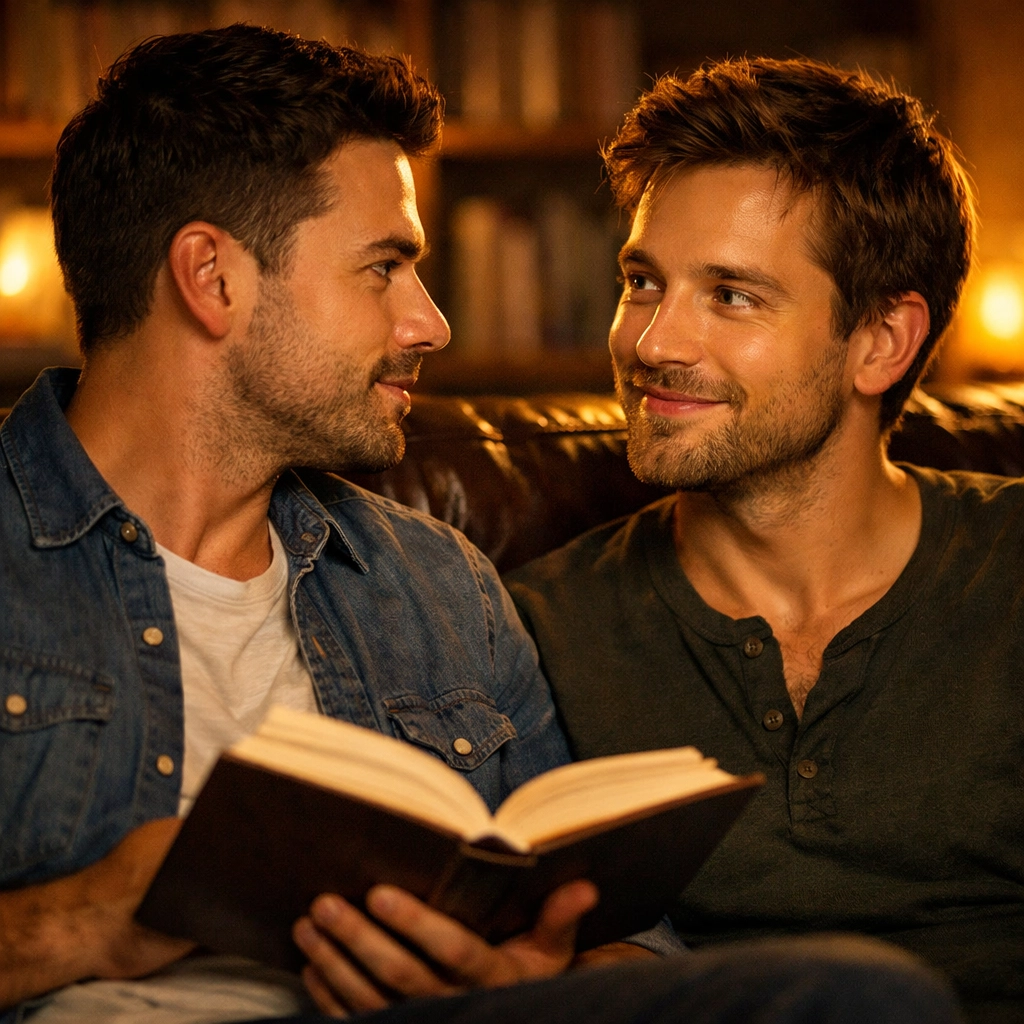 Two adult men sharing an emotional moment of romantic discovery while reading a book in a cozy living room.