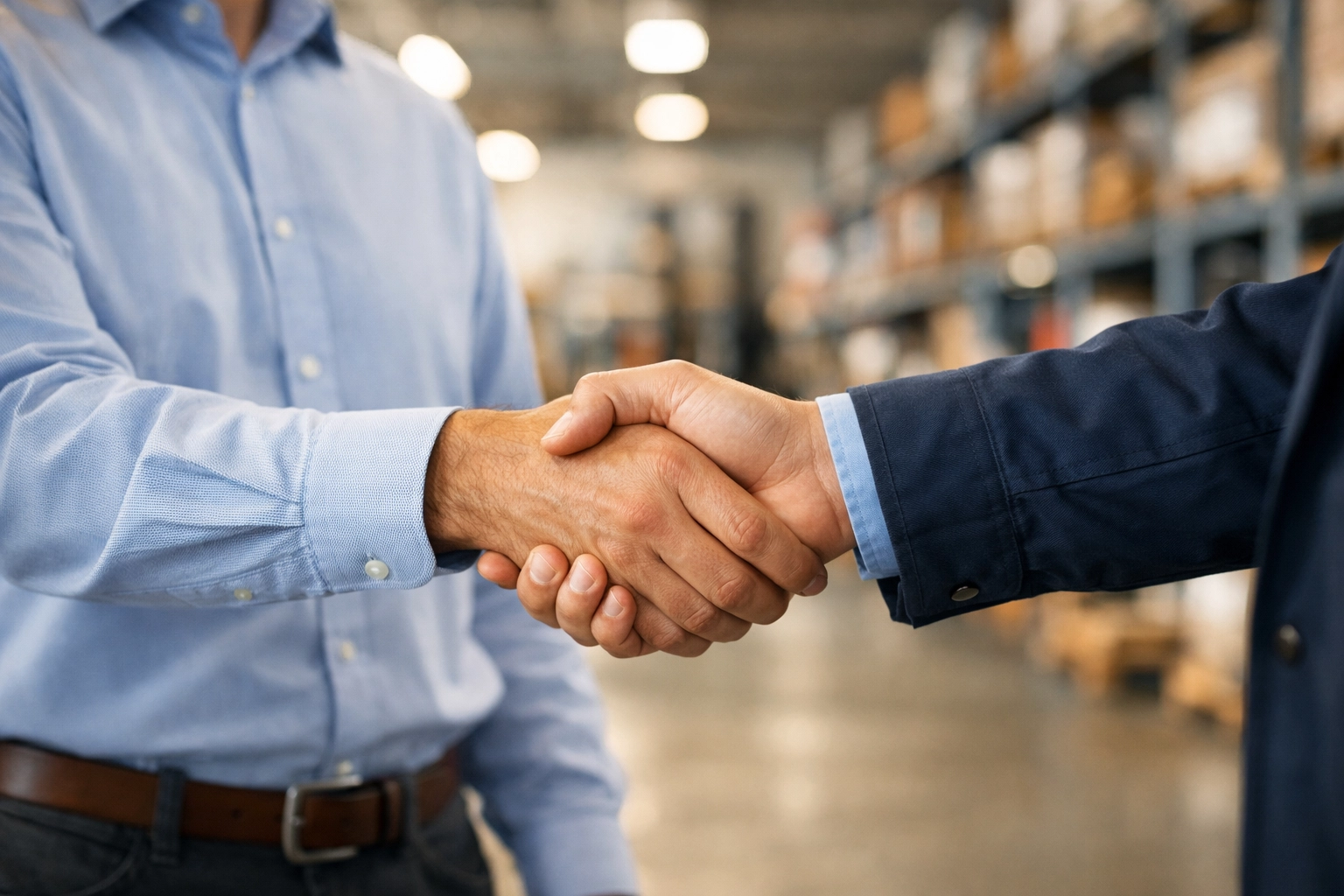Business owner and supplier handshake in warehouse for vendor credit relationship