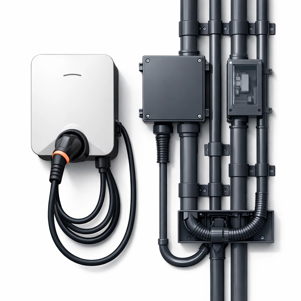 Wandmontierte Wallbox E-Ladestation zur Nutzung von Solarstrom bei der PV Installation