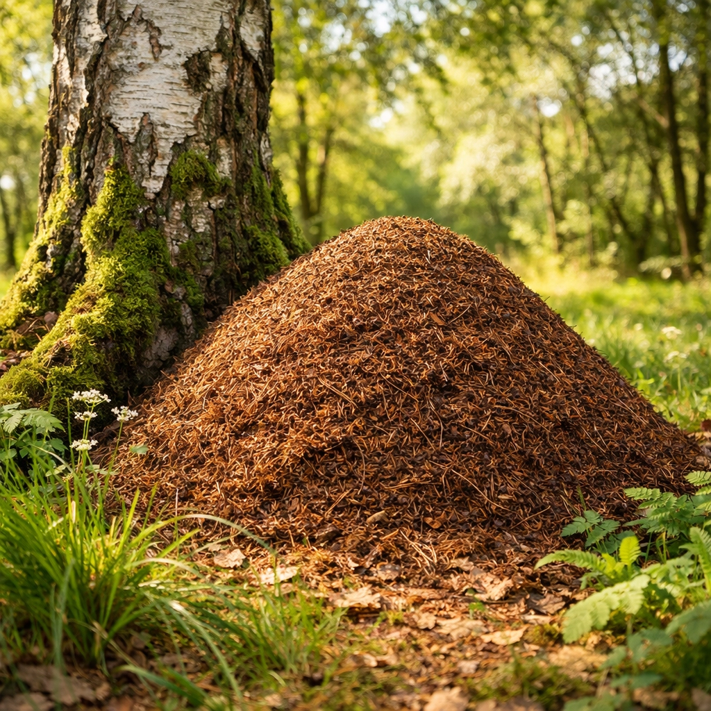 An ant hill at the base of a birch tree used for natural navigation on a wild camping guided UK trip.