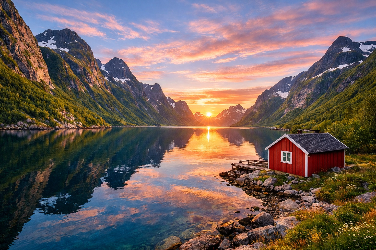 Stunning Scandinavian fjord landscape with mountains and cabin for a European coolcation