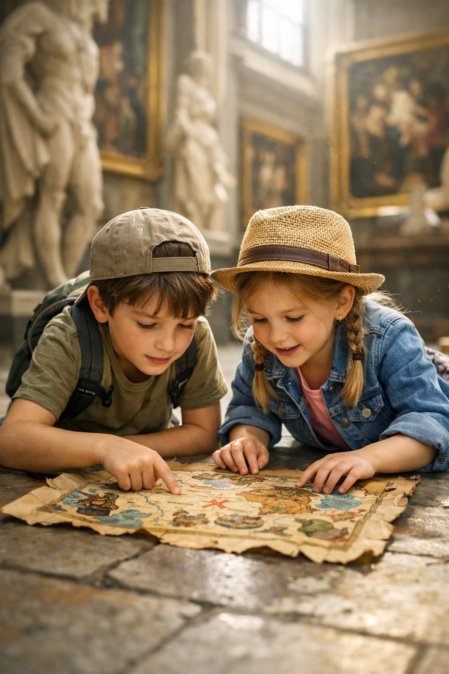 Kids using a treasure map at a museum, one of the funnest family travel activities.