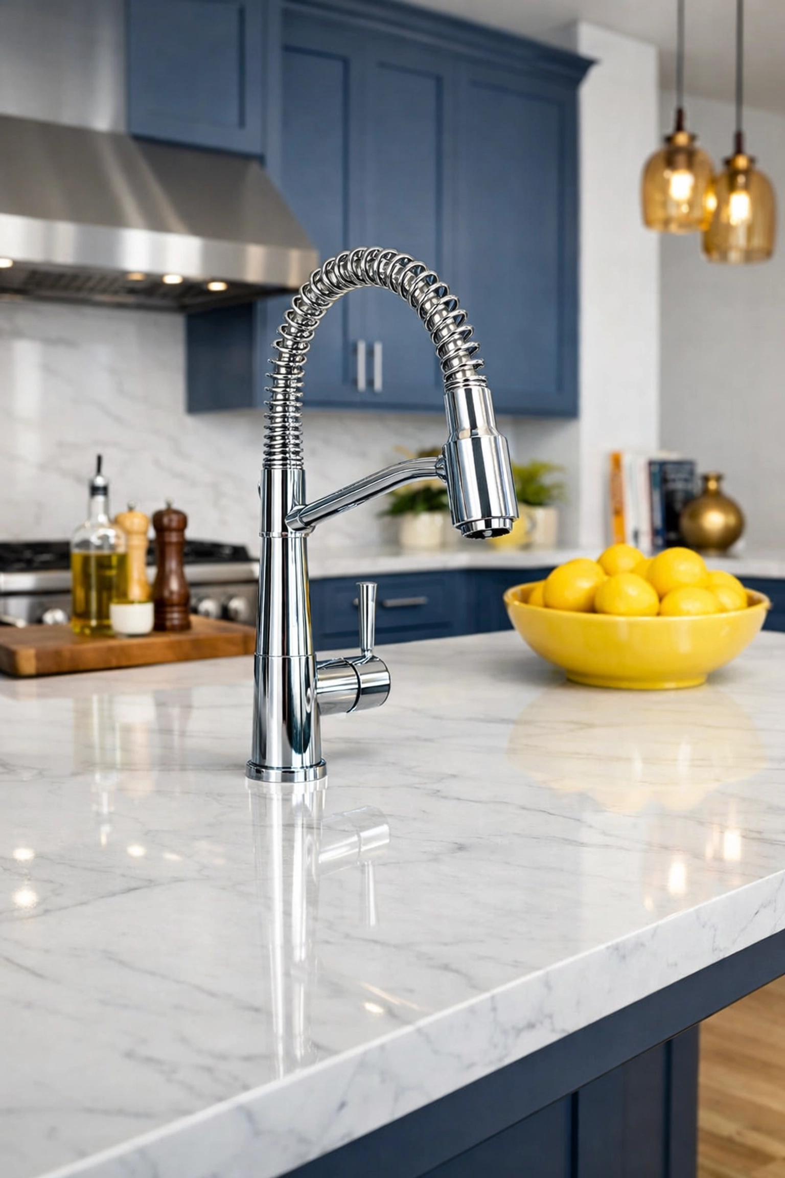 Pristine marble countertop and kitchen cabinets illustrating professional move-out cleaning Worcester standards.