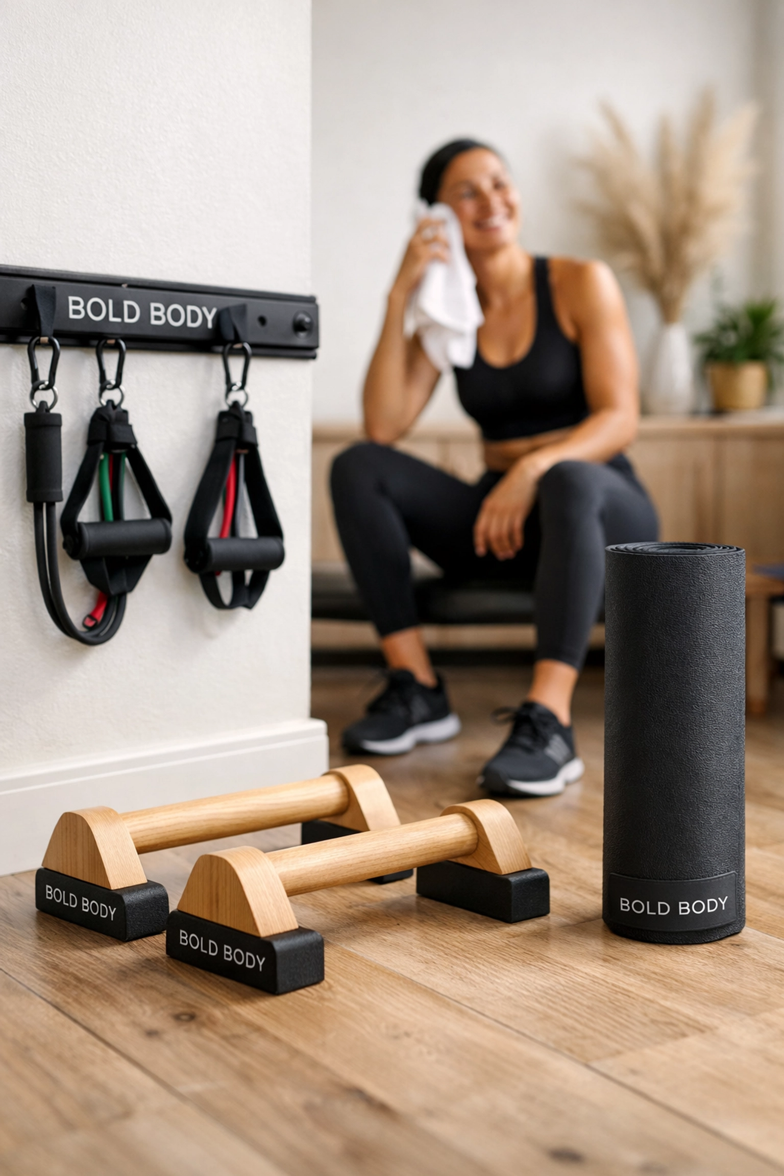 Complete Bold Body Fitness setup including the Resistance Rail for a space-saving versatile home gym.