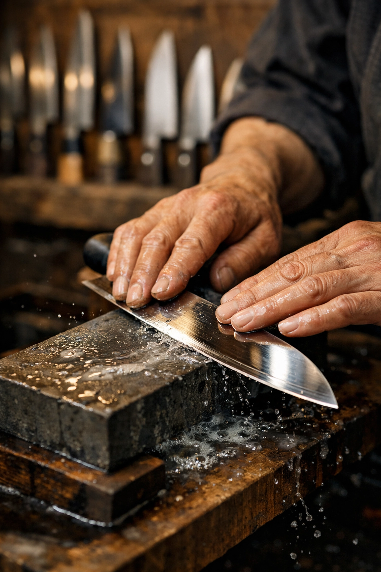 A master blacksmith sharpening a professional Japanese knife on a whetstone in a Tsukiji shop.