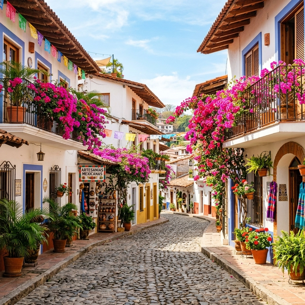 A bright and colorful street in Old Town Puerto Vallarta with pink flowers and cobblestones.