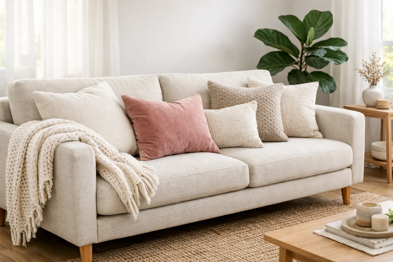 Affordable oatmeal sofa styled with neutral cushions and throw blanket in bright living room