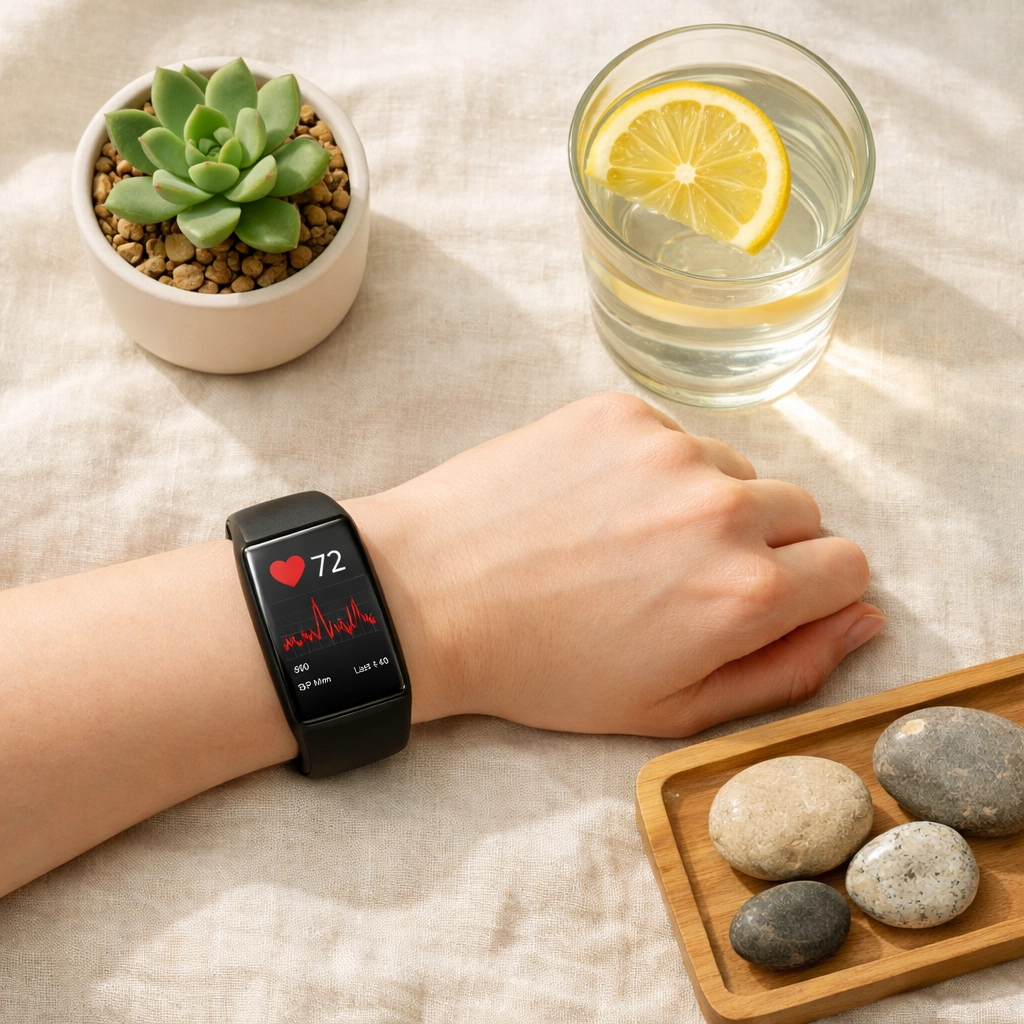Fitness tracker displaying heart rate variability for stress management and wellness monitoring