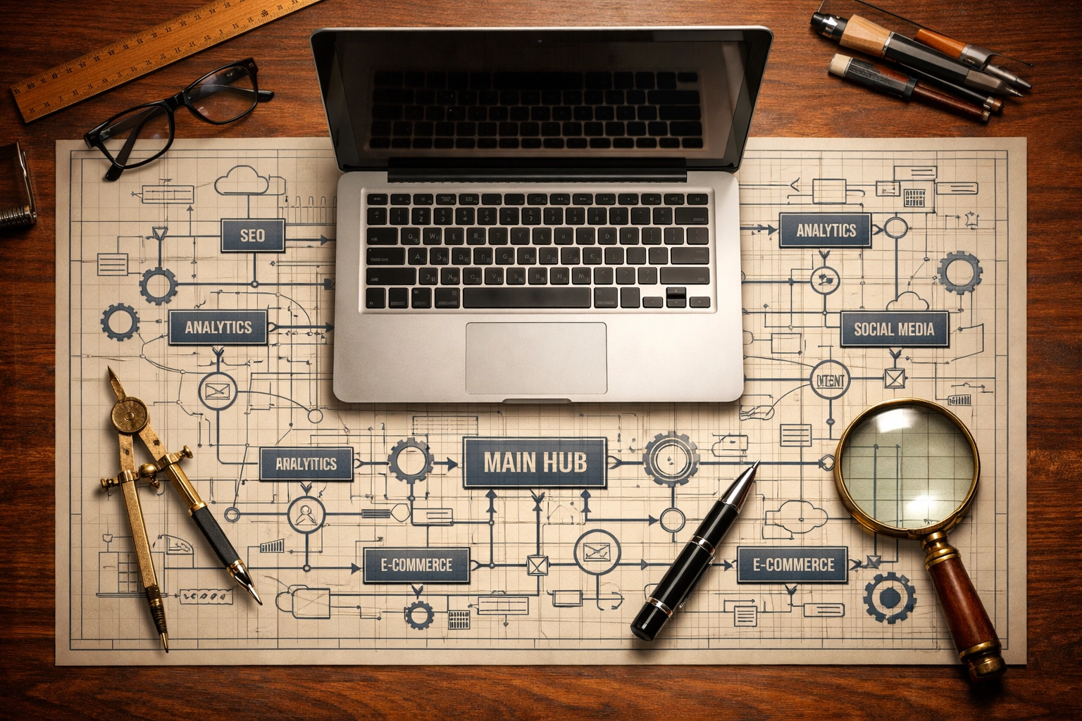 A desk with a laptop and blueprints illustrating a strategic digital roadmap for small business website growth.