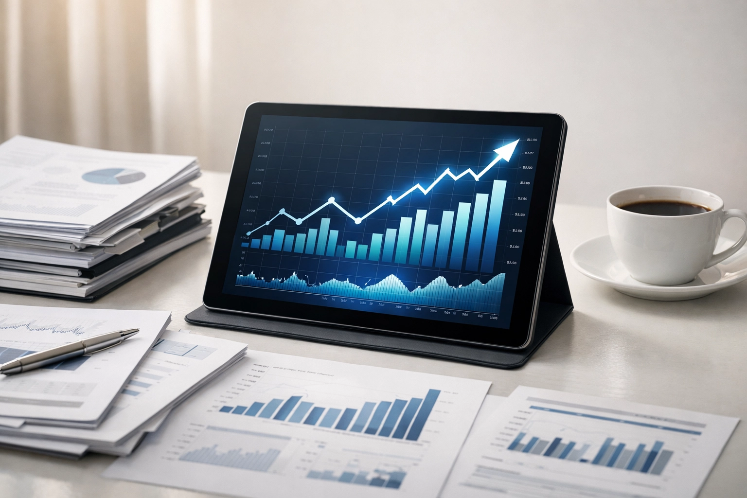 Financial growth charts and business performance metrics on tablet and desk