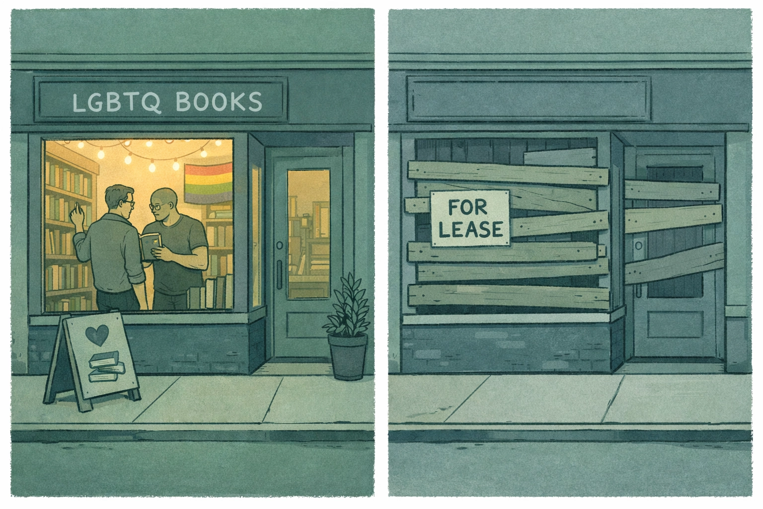 Gentrification impact: thriving LGBTQ+ bookstore contrasted with closed, boarded-up queer space