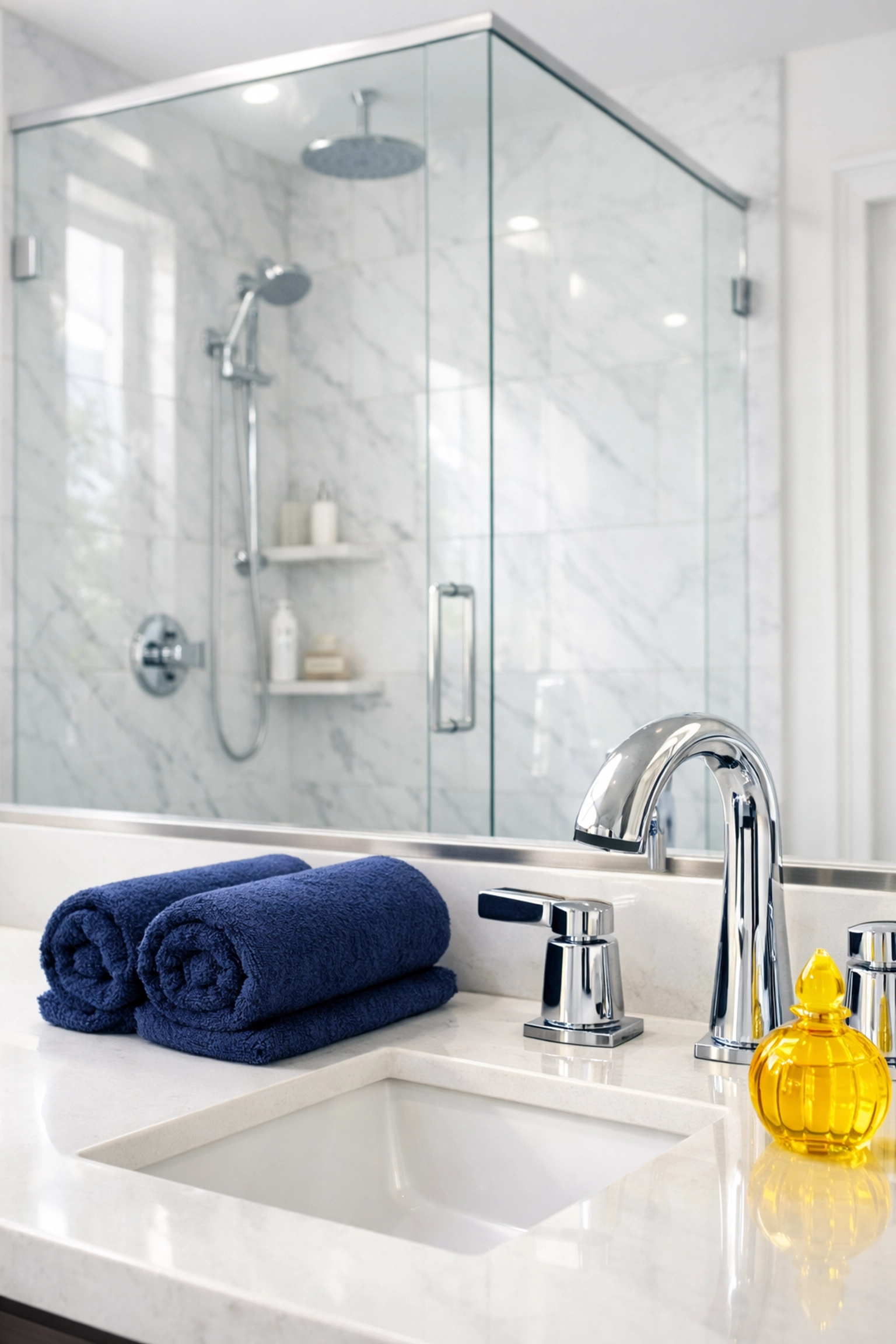 Sanitized luxury bathroom with sparkling fixtures, ideal for apartment cleaning services in Leominster MA.