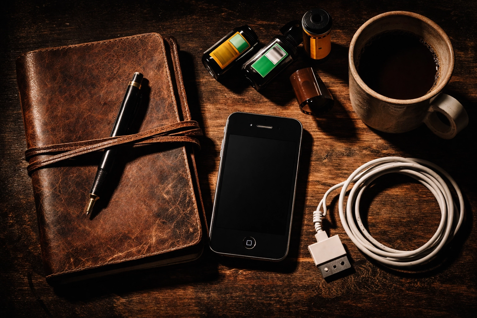 Flat-lay of iPhone 4 with classic camera gear and coffee, highlighting retro photography essentials