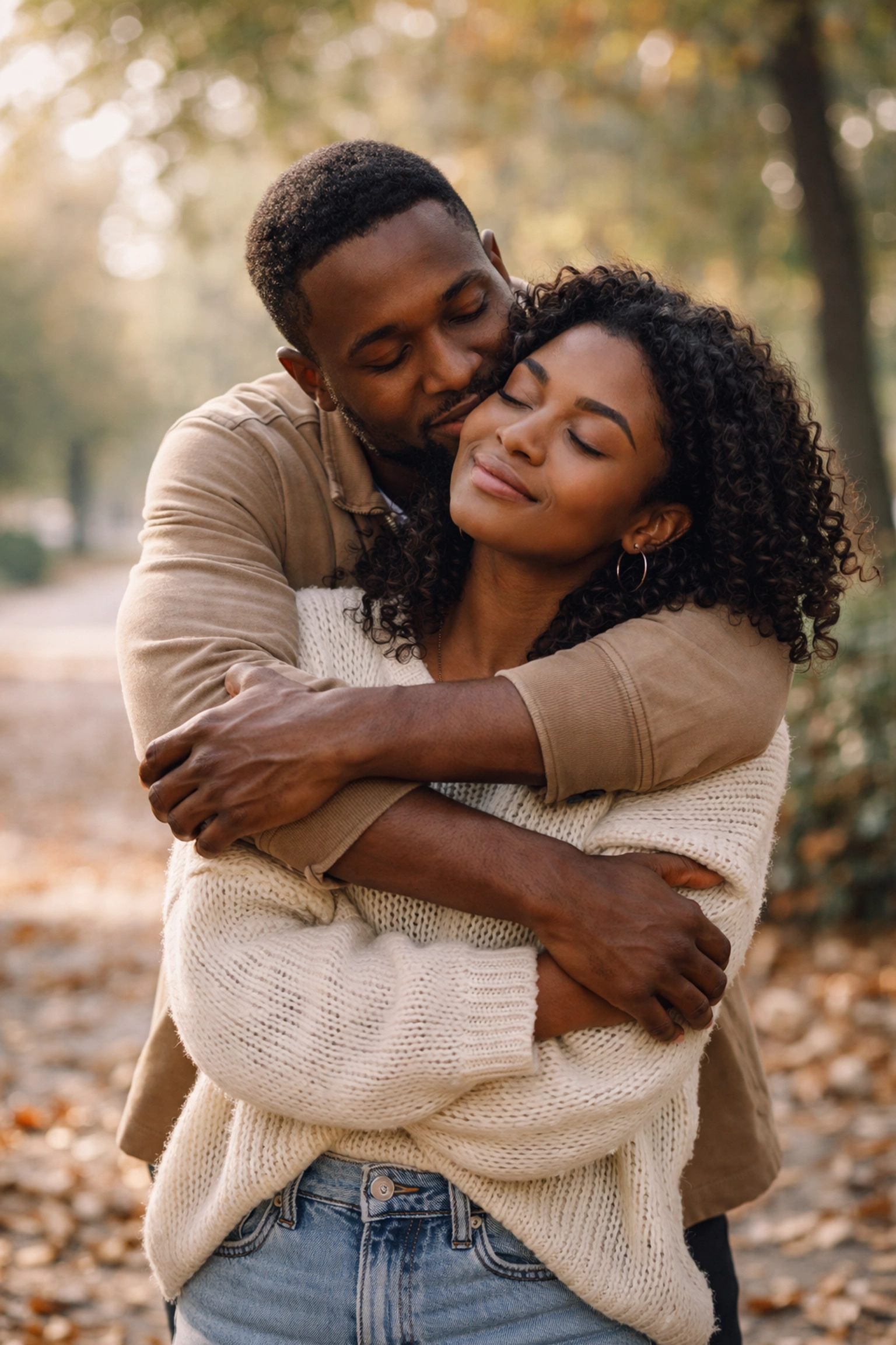 Black couple embracing in an urban park, symbolizing healing and forgiveness after past hurts