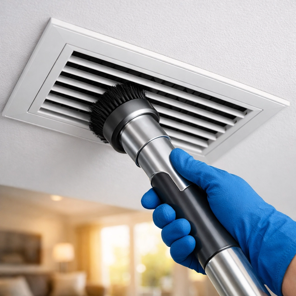 Using a vacuum to remove construction dust from air vents during post-construction cleaning in Milford.
