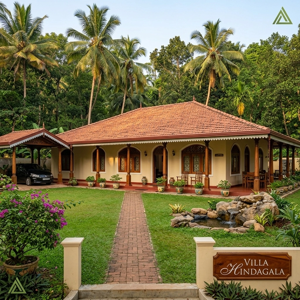 A traditional Sri Lankan colonial-style villa with a large verandah and lush tropical garden.
