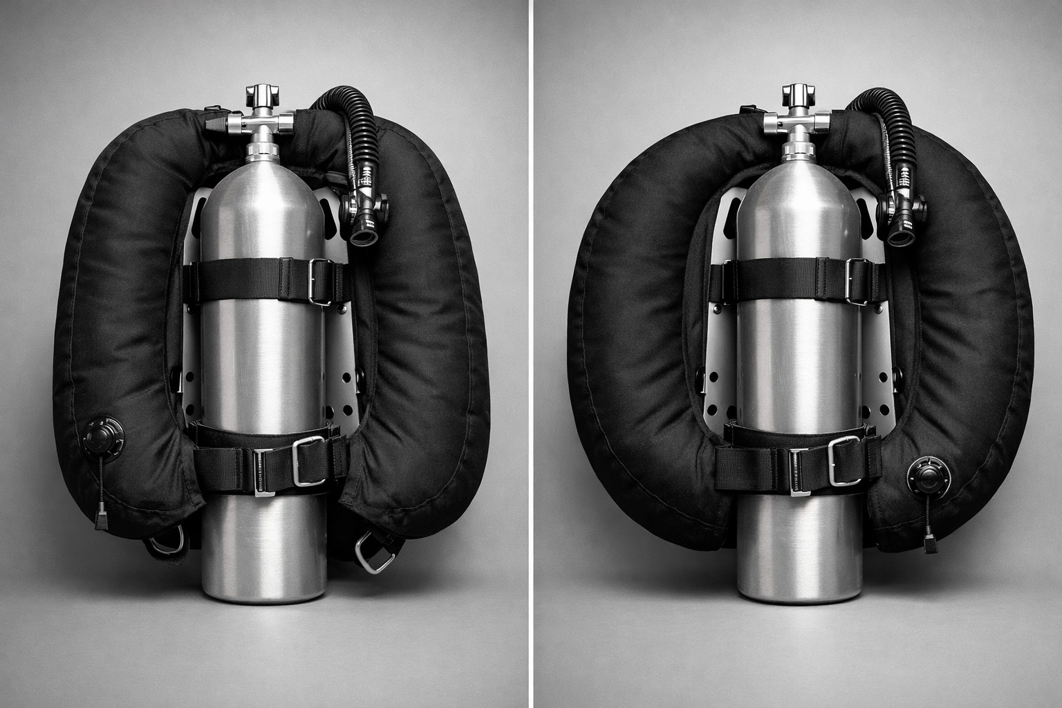 Vergleich Horseshoe und Donut Wing-Systeme für optimalen Taucher-Trim