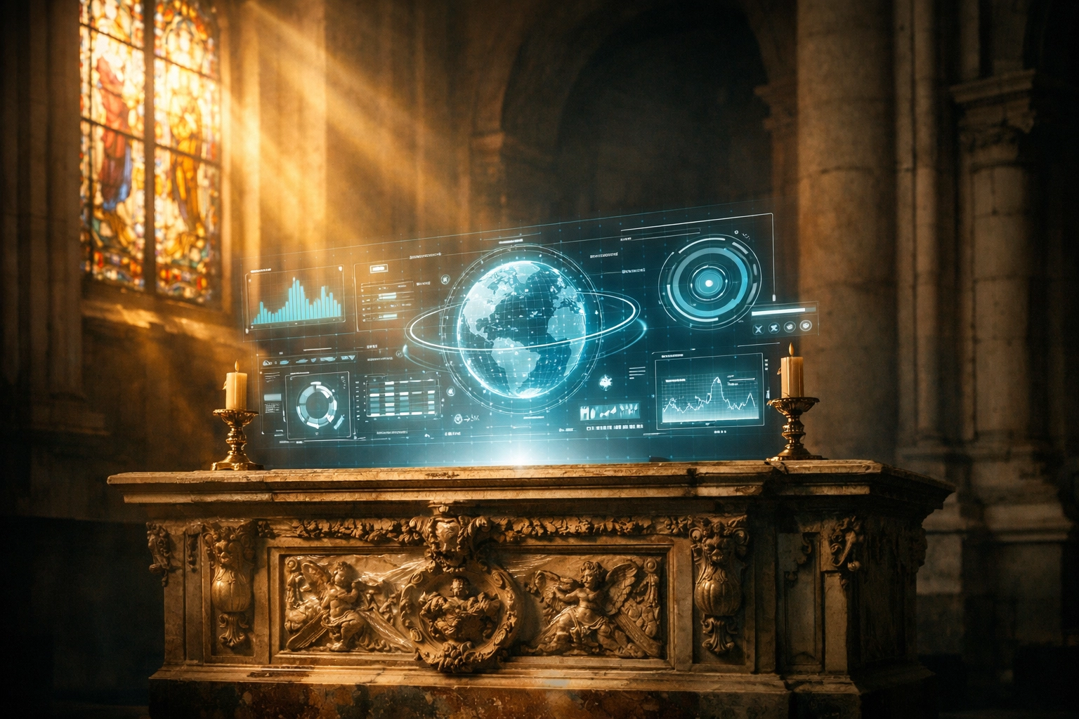 Holographic light over a cathedral altar symbolizing the intersection of faith and digital culture.